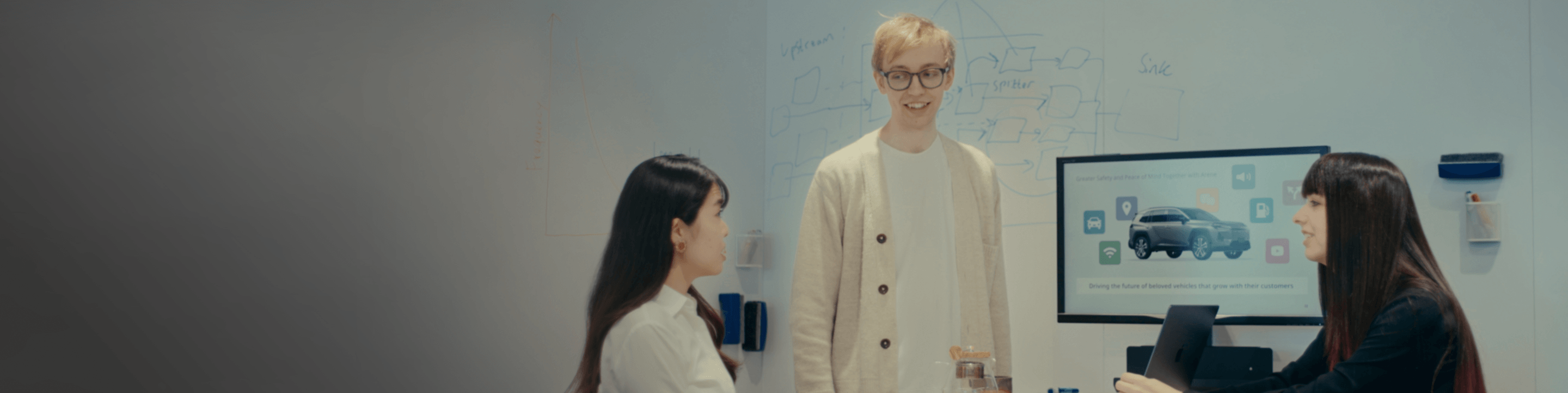 Employees discussing vehicle interface concepts in collaborative workspace